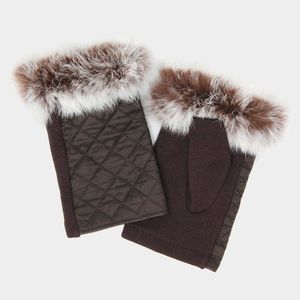 Brown Quilted Faux Fur Trimmed Fingerless Gloves